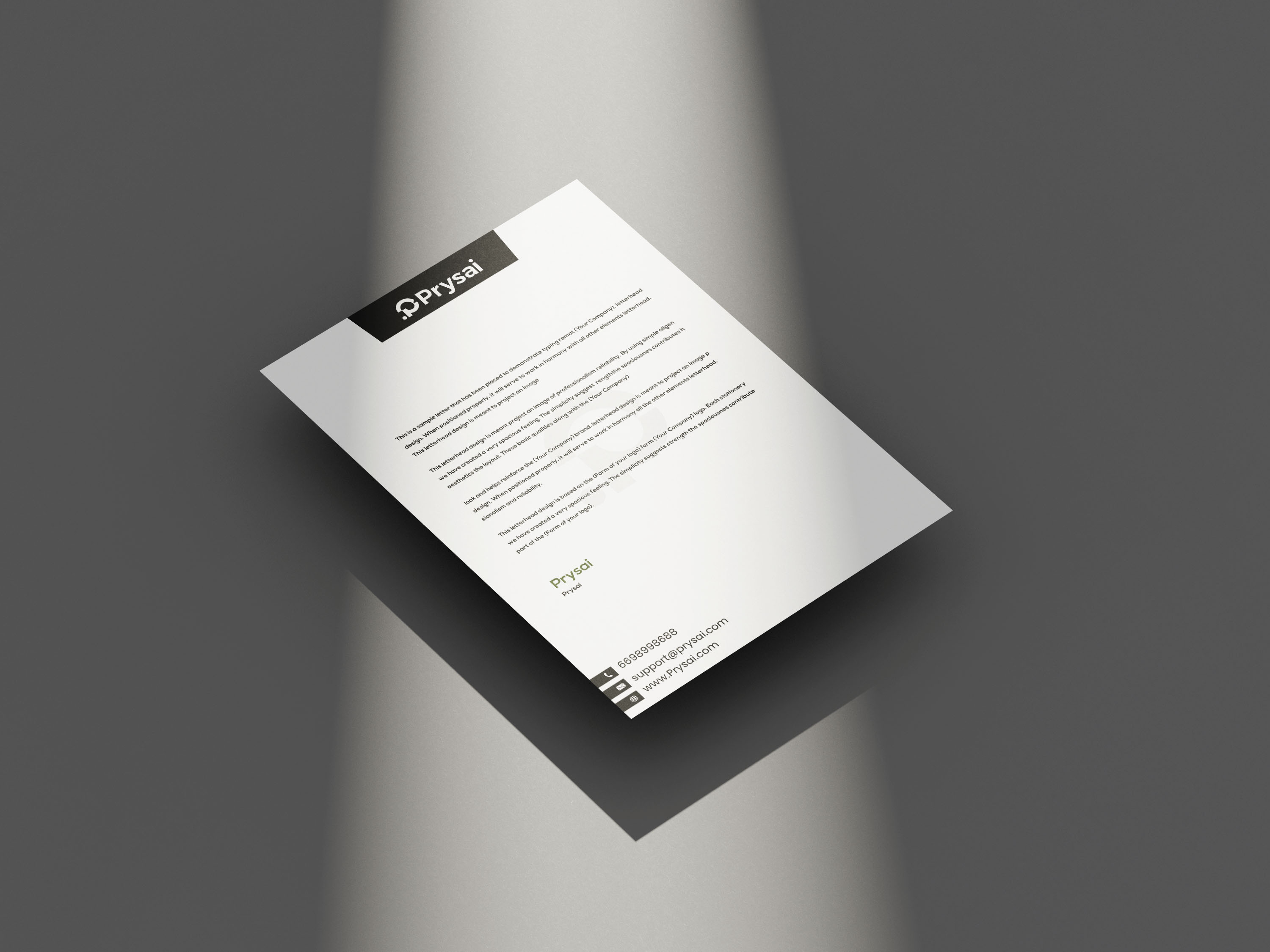 Prysai identity applied to a letterhead
